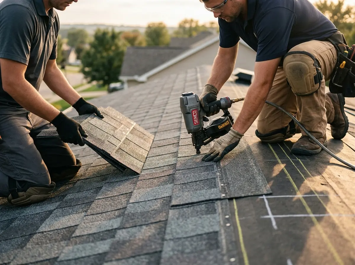 Professional roofer working on a residential roof in Syracuse